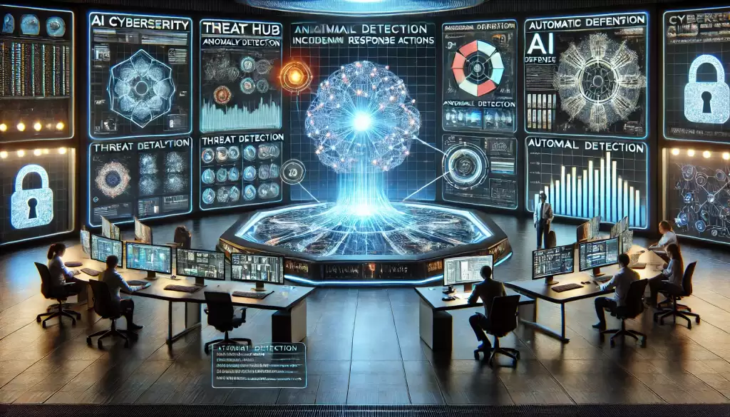 AI-powered cybersecurity control room with real-time threat detection, automated incident response, data analytics, and digital shields ensuring advanced security